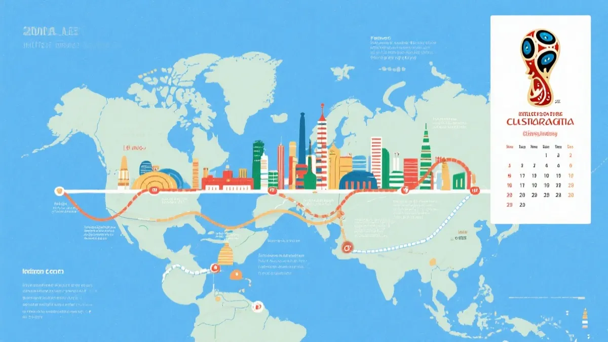 世界杯观赛规划时间线与多城市地图风格插图