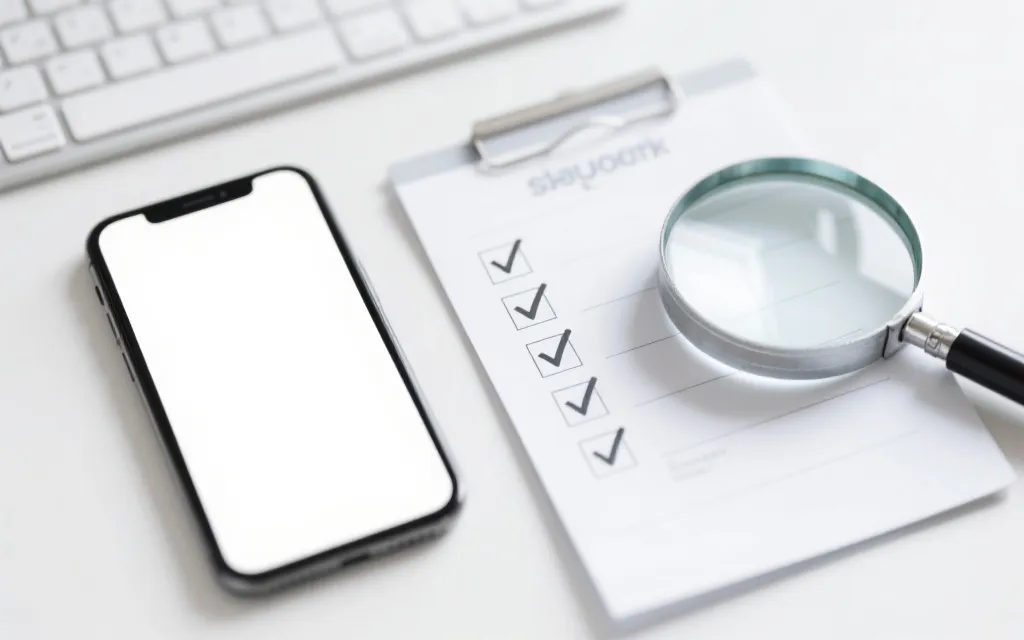 手机安全检查清单与放大镜元素，体现下载前核查流程