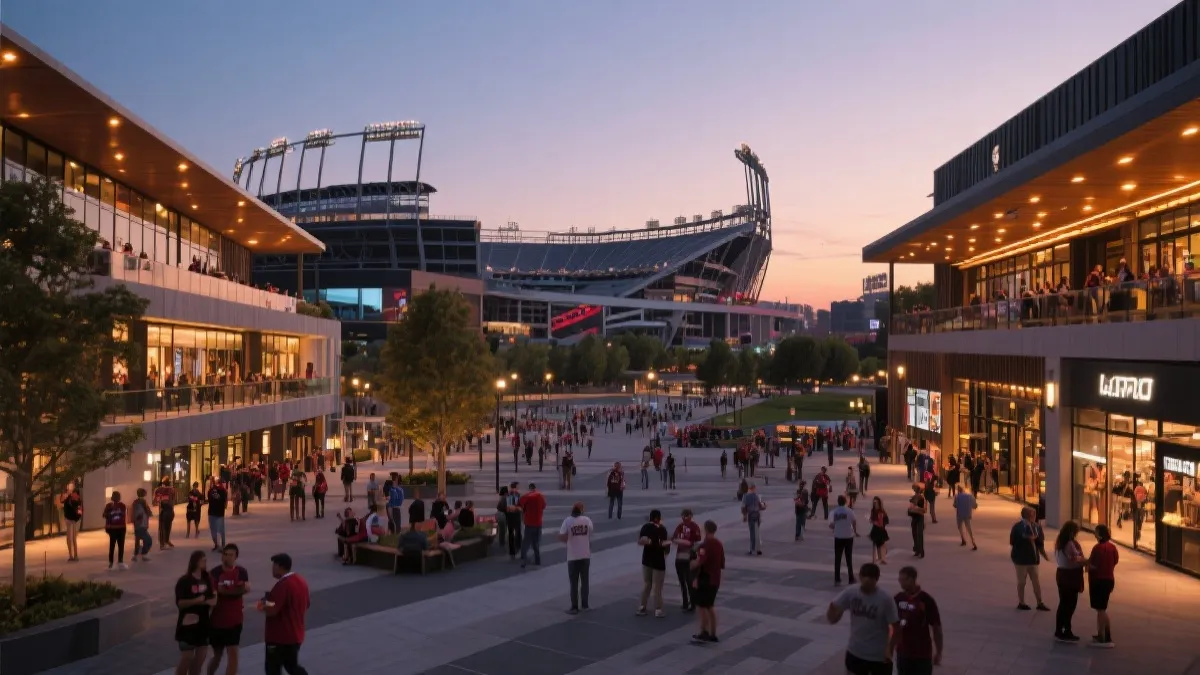 球场周边步行商业区与广场，人群在赛前夜间消费与社交，灯光温暖